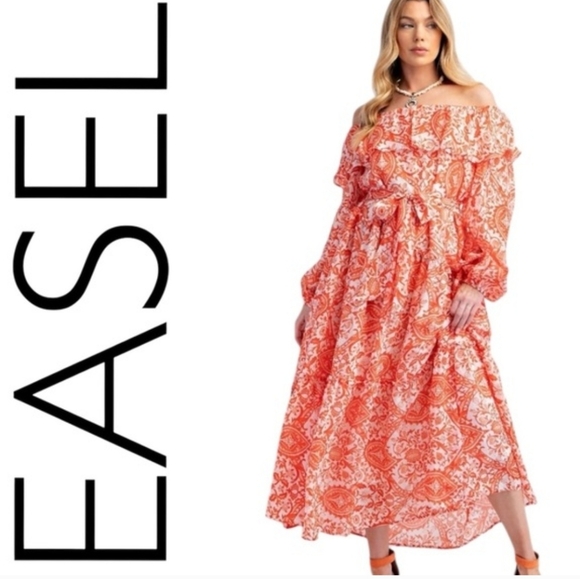 easel Dresses & Skirts - NWT Easel Medium Orange & White Paisley Off-Shoulder Ruffle Maxi Dress